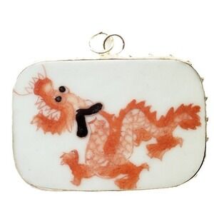 Chinese Dragon Vintage Pottery Shard Pendant Asian Porcelain Silver Tone Jewelry